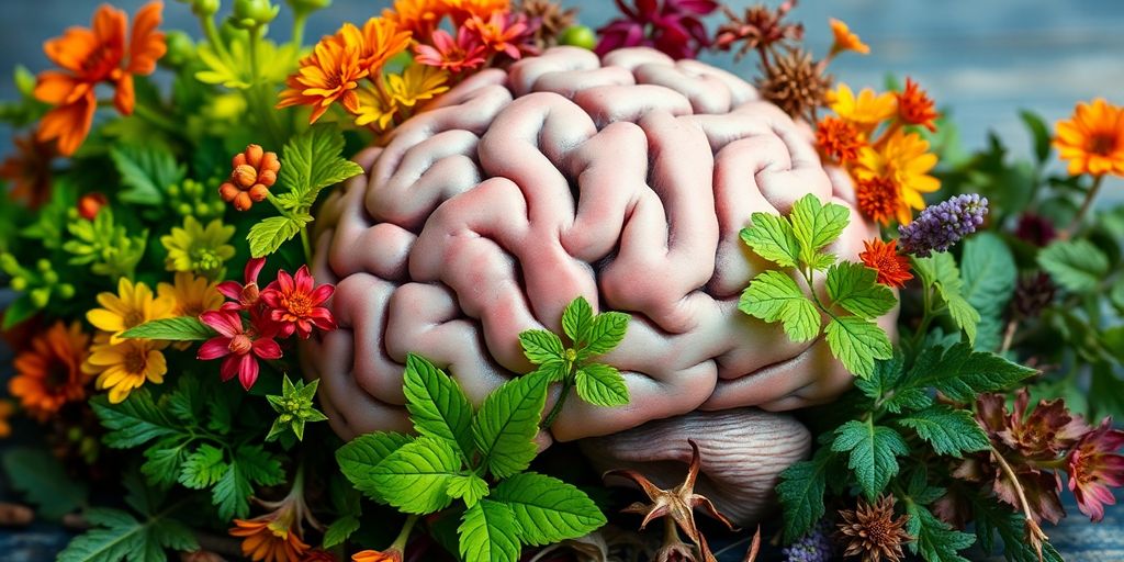 Brain with glowing herbs enhancing cognitive function.