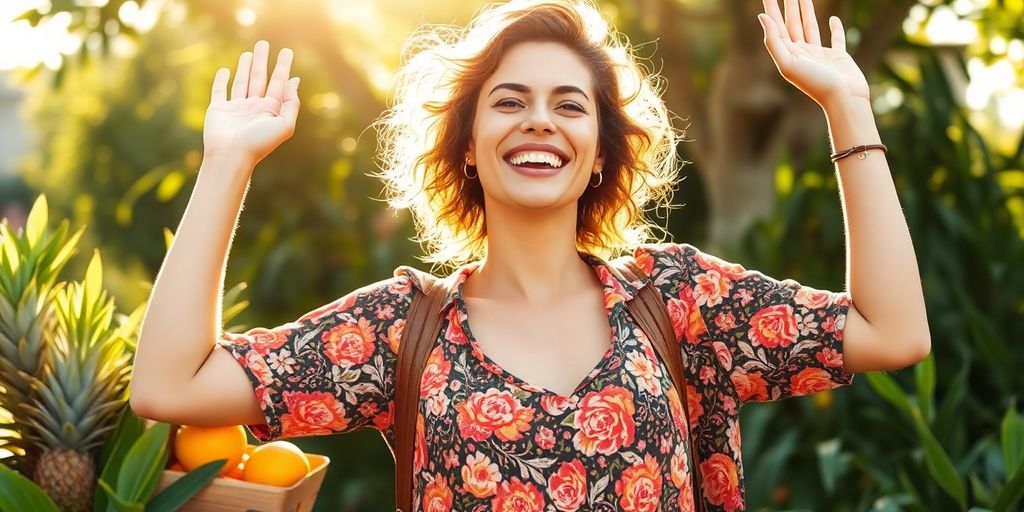 Woman smiling, embracing a healthy lifestyle with vibrant energy.