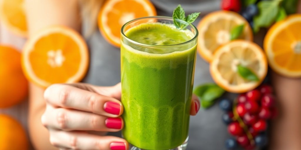 Person drinking a green smoothie with fresh fruits.