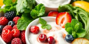 Person enjoying colorful, fresh produce like berries, leafy greens, and yogurt.